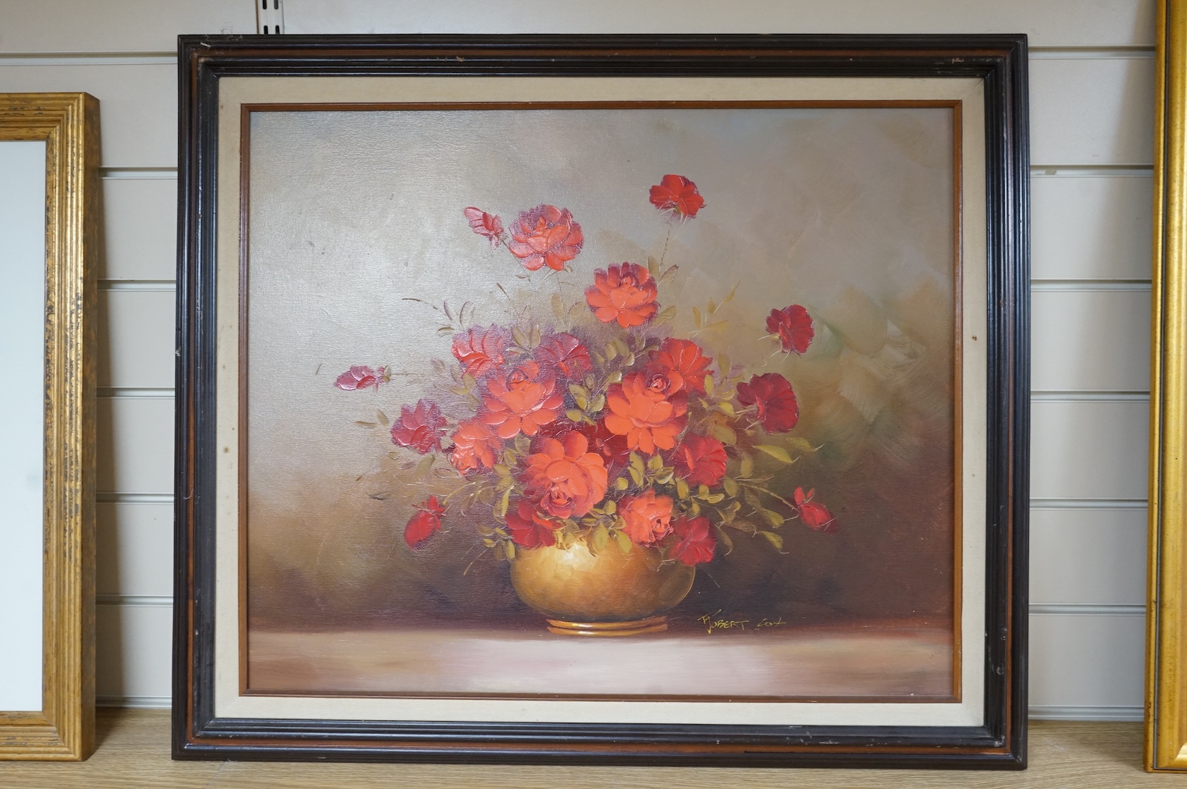 Robert Cox, Decorative study of flowers in a jug, signed, oil on canvas, 50 x 60cm